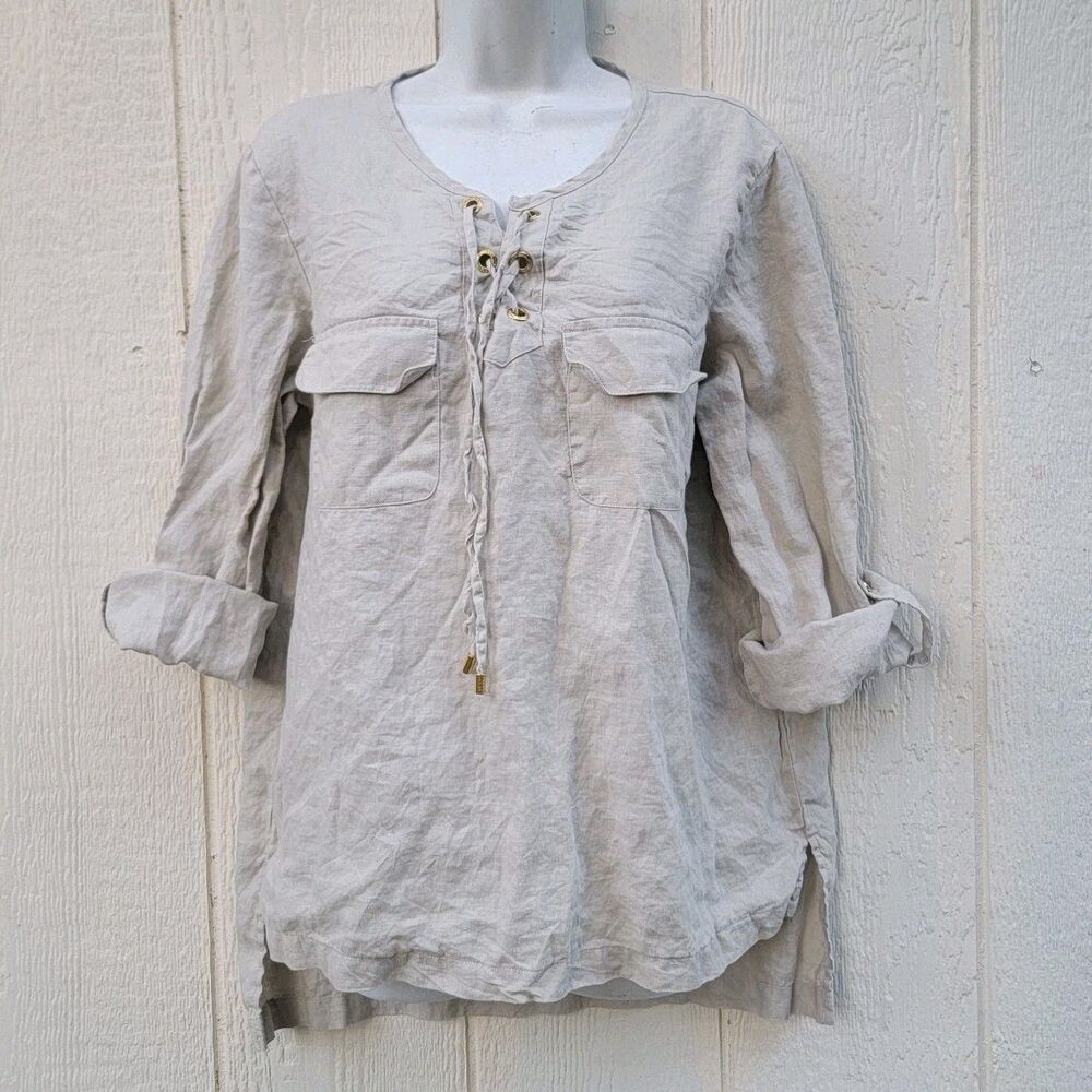Company Ellen Tracy 100% Linen Tunic Top Beige Sz L Lagenlook